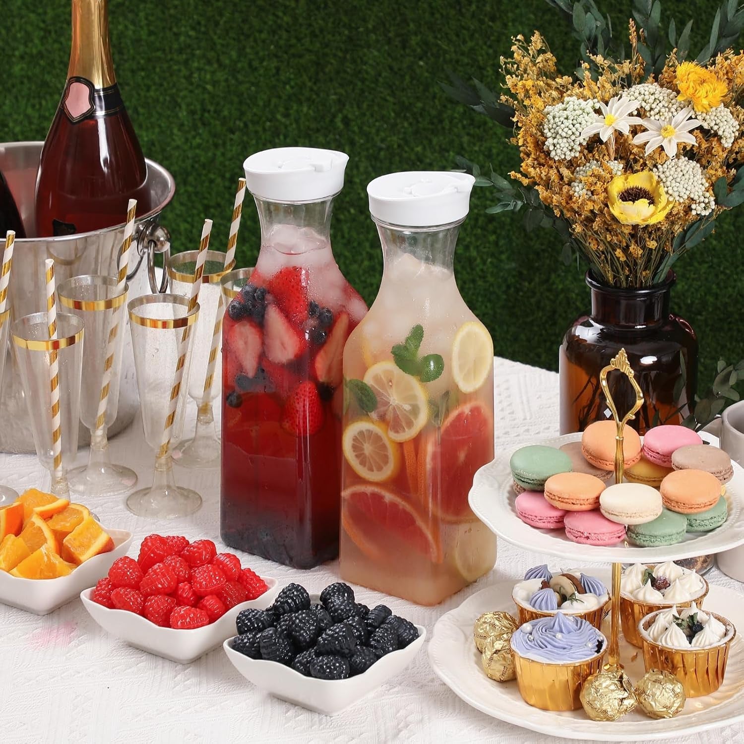 plastic-50-oz-water-carafe-with-flip-top-lid-set-of-2-square-base-juice-containers-clear-plastic-pitcher-for-water-iced-tea-juice-beverage-cold-brew-and-mimosa-bar-hand-wash-only