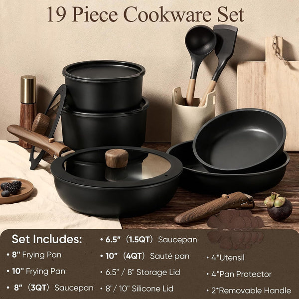 19Pcs Pots and Pans Set Non Stick, Detachable Handle Cookware Set | Induction Compatible, Dishwasher & Oven Safe, Space Saving, for Camping/Rv/Traveling, Kitchen Cooking Set, Black2