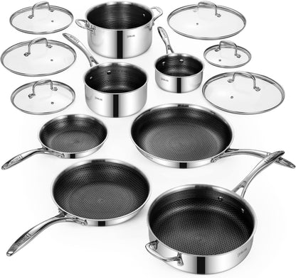 13 Piece Hybrid Ceramic Nonstick Stainless Steel Cookware Set | 5 PC Fry Pan Set, 6 PC Pot Set, 3.7QT Deep Sauté Pan&Lid, Induction Ready, Stay Cool, PFOA Free for All Cooktops1