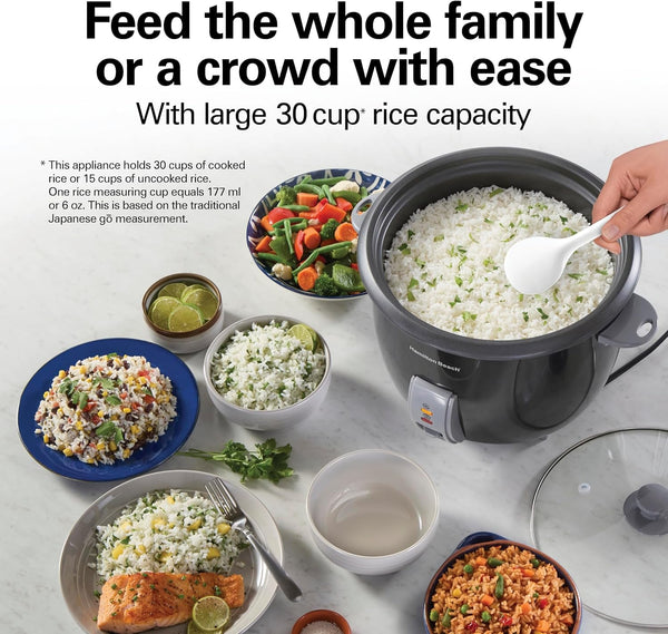 Rice Cooker & Food Steamer, 30 Cups Cooked, 15 Cups Uncooked | Includes Steam and Rinsing Basket , Measuring Cup & Spatula | Easy 1 Touch Controls | Black | 375533