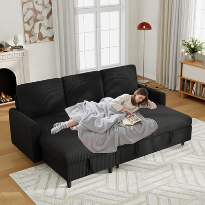 70'' Sleeper Sofa Bed with Storage, Convertible Pull Out Couch Futon for Living Room, Apartment, Corduroy Fabric L Shaped Sectional Sofa Pull-Out Bed, Black2