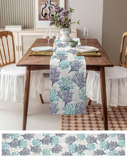 Tropical Coral Cotton Linen Rectangle Table Runners, Summer Coastal Kitchen Table Cloth Scarves, Beach Seaside Nautical Luxury Coffee Table Runner (Teal Blue Grey Coral,13X120 Inch)3