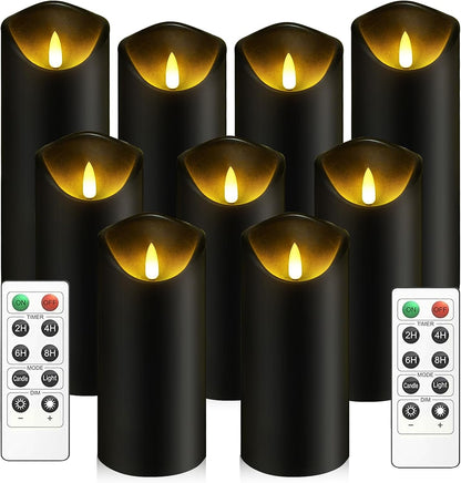 Flickering Flameless Candles, Battery Operated Plastic LED Pillar Candles with Remote Control and Timer, Set of 9 (Black)1
