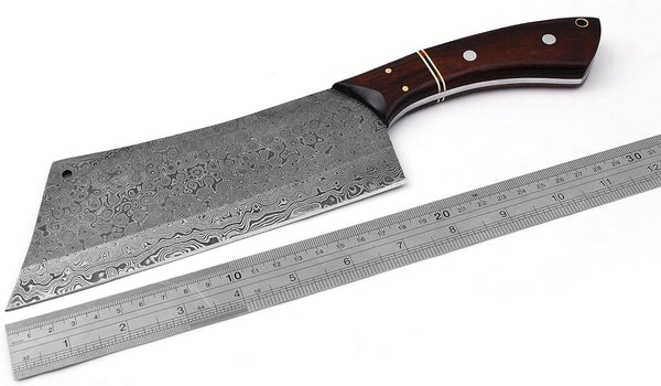 12 Inches Long Damascus Steel Blade Meat Cleaver with Leather Sheath, Hand Forged Rain Drop Pattern Damascus Steel Blade Kitchen Chopper, Natural Walnut Wood Scale with Red Fiber Spacing2