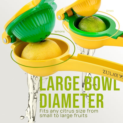 Zulay Metal 2-In-1 Lemon Squeezer Manual - Sturdy, Max Extraction Hand Juicer Lemon Squeezer Gets Every Last Drop - Easy to Clean & Use Citrus Juicer-Yellow/Green2