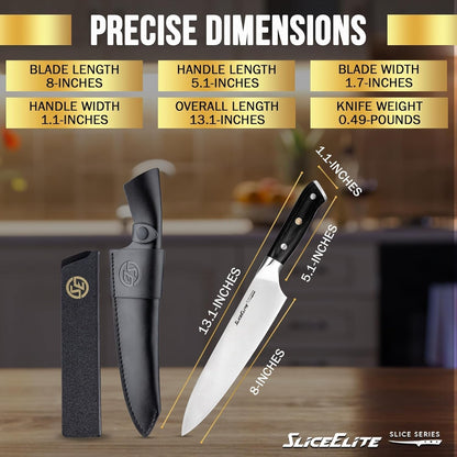 Slice Series 8 Inch Chef Knife, Pakkawood, Leather Sheath8