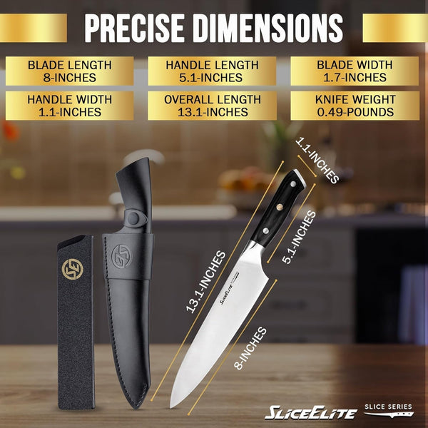 Slice Series 8 Inch Chef Knife, Pakkawood, Leather Sheath8