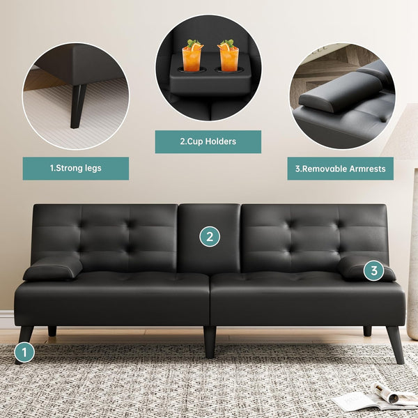 64" Futon Sofa Bed, Small Loveseat with 2 Cup Holders, PU Leather, Black5