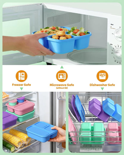 4 Pcs Bento Box Set, Reusable 3 Compartments Snack Boxes with 2 Leakproof Small Containers, Stackable Meal Prep Lunch Containers for School, Work, and Travel5