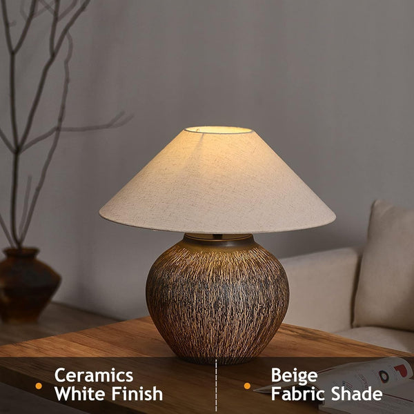 Rustic Farmhouse Table Lamp 20.8" Neutral Ceramic Table Lamp Brown White Checkered Ceramic with Linen Drum Shade Decor Bedside Nightstand for Living Room Bedroom (Large)2