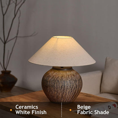 Rustic Farmhouse Table Lamp 20.8" Neutral Ceramic Table Lamp Brown White Checkered Ceramic with Linen Drum Shade Decor Bedside Nightstand for Living Room Bedroom (Large)2