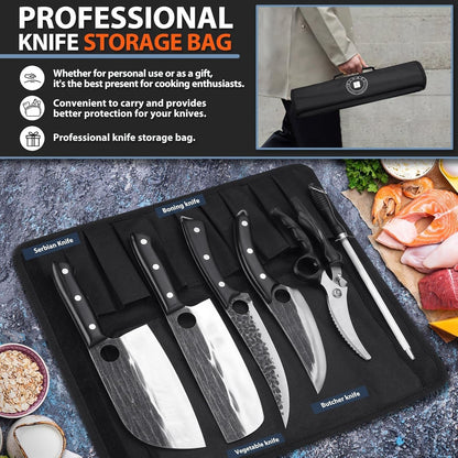 Professional Butcher Knife Set - 7 PCS Hand Forged BBQ Knife Sets | High Carbon Steel, Full Tang, Ergonomic Rosewood Handle, Non-Stick Hammer Texture, Gift Box, for Kitchen Outdoor Cooking3