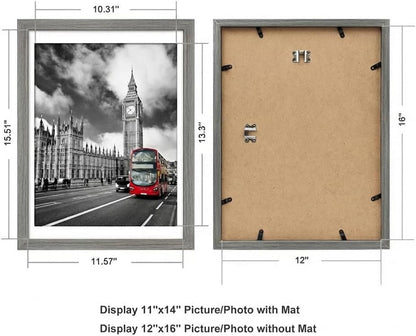 12X16 Rustic Picture Frames Display 11X14 Pictures with Mat or 12X16 Photos without Mat Solid Wood Grain Picture Frames Wall Art for Living Room Wall Mounting Décor-Gray2