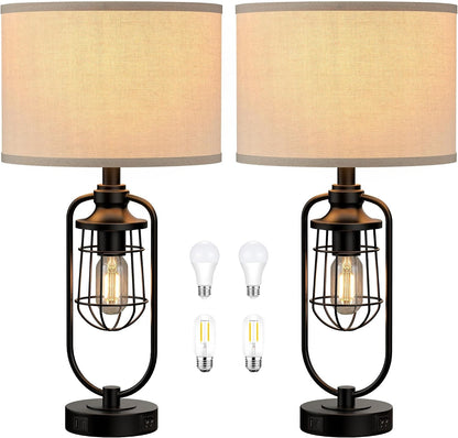 24" Farmhouse Table Lamps for Living Room Set of 2, Black Rustic Lamps for Night Stands with USB Ports, Industrial Bedside Lamp for Bedroom End Tables, Bulbs Included7