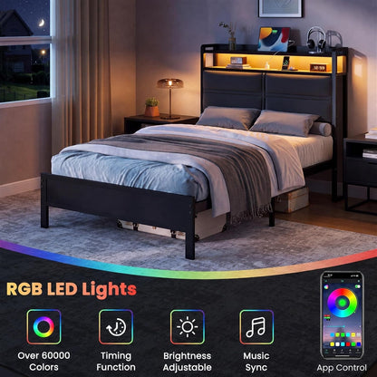 Twin Bed Frame with LED Lights and Charging Station, Dark Grey3