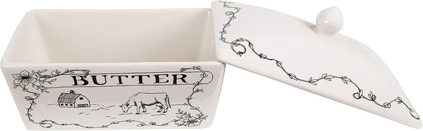 Creative Co-Op Country Stoneware Butter Dish with "Spread the Love" Message and Farm Landscape Design, White and Black4