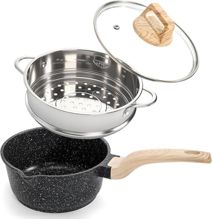 2 Quart Nonstick Saucepan with Lid & Steamer Basket, Small Nonstick Saucepan Cooking Steamer Pot with Pour Spout, Induction Safe, Non Toxic Granite Coating1