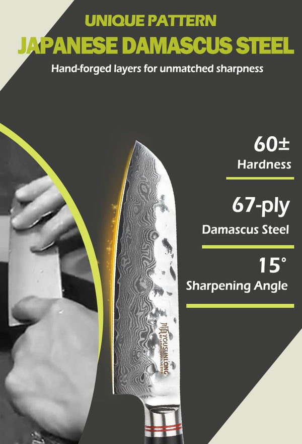 Santoku Knife 5 Inch Cutlery Knives Japanese 67 Layers Hammered Damascus Steel with Natural Leadwood2