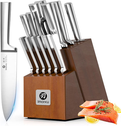 15-Piece Knife Block Set Built-In Sharpener, Japanese High Carbon Stainless Steel Kitchen Knife Set, Dishwasher Safe, Chef Knife Set with Wooden Knife Block, Santoku Knives for Kitchen Cooking | Japanese High Carbon Stainless Steel Kitchen Knife Set, Dishwasher Safe, Chef Knife Set with Wooden Knife Block1