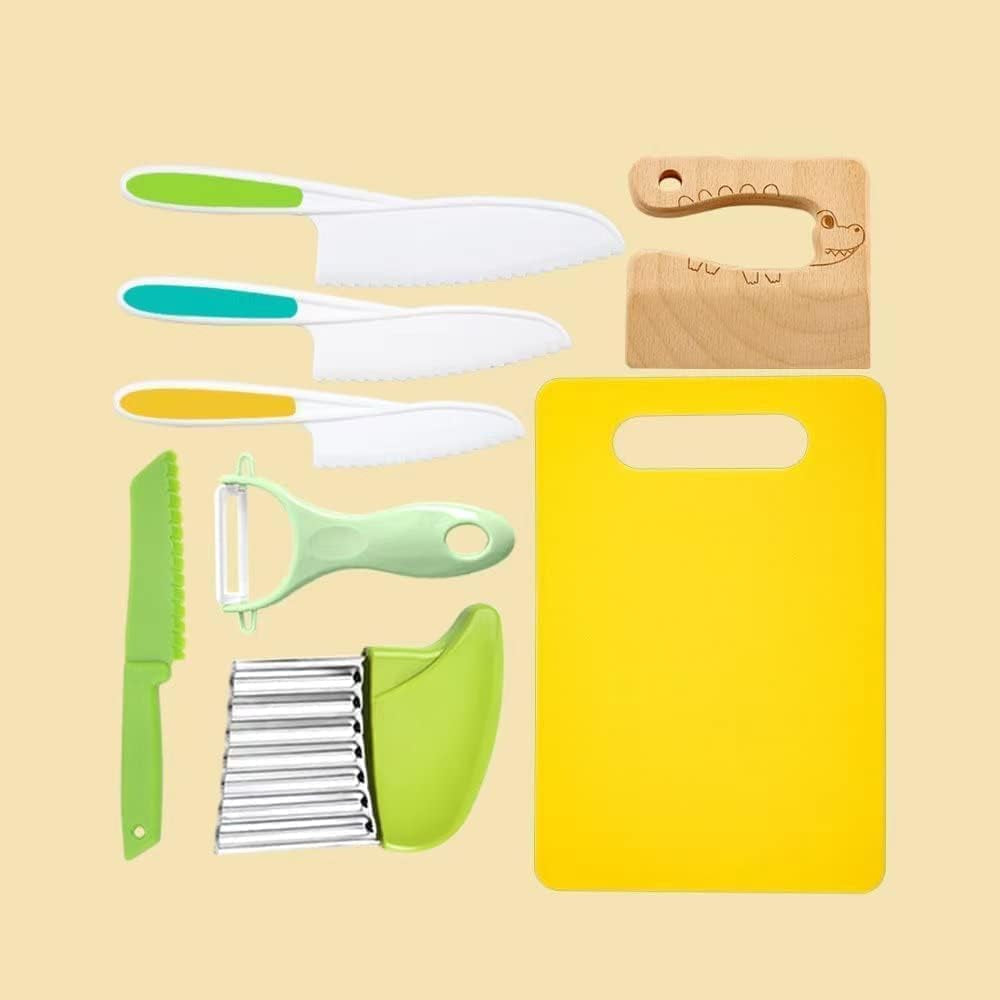 8-pcs-wooden-kitchen-knife-set-for-kids-includes-safe-knives-serrated-plastic-knives-potato-slicers-sandwich-cutter-peeler-and-cutting-board