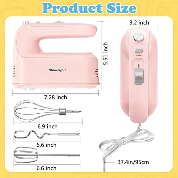 Electric Hand Mixer, 300W Handheld Mixer with 5 Stainless Steel Accessories, 5 Adjustable Speeds + Turbo Boost & Self-Control, One-Button Eject, Food Beater for Cakes, Eggs, Dough (Pink)2