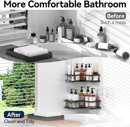 Corner Shower Caddy Adhesive, 100% Rustproof Shower Organizer, No Drill Shower Shelf for inside Shower, Wall-Mounted Shower Storage for Homes (2 Pack, Black)8