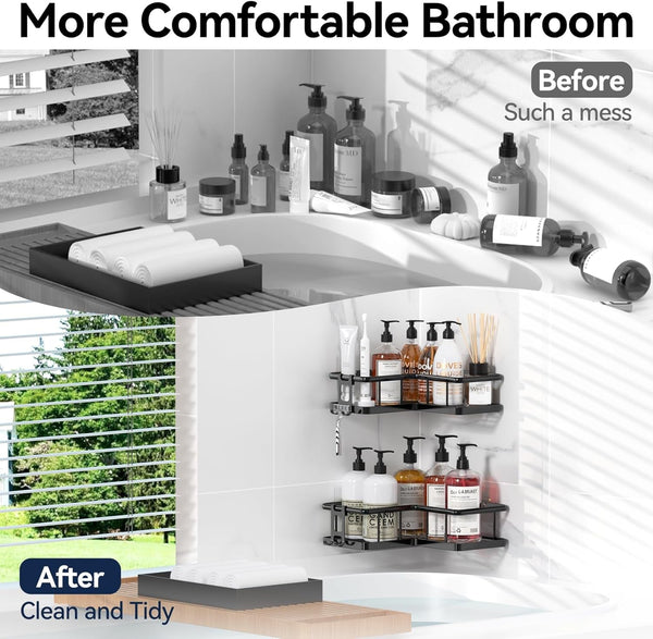 Corner Shower Caddy Adhesive, 100% Rustproof Shower Organizer, No Drill Shower Shelf for inside Shower, Wall-Mounted Shower Storage for Homes (2 Pack, Black)8