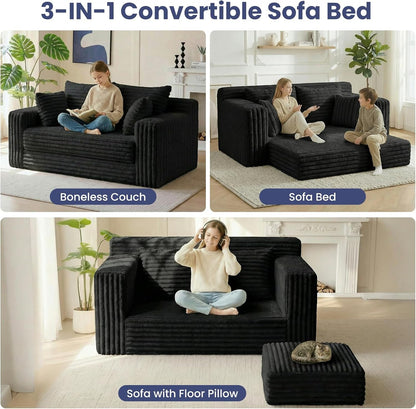 3-In-1 Convertible Sofa Bed: Boneless Loveseat Sleeper & Folding Couch Bed with 4 Pillows & Detachable Cushion,Furry Futon Couch for Bedroom,Apartment,Office and Living Room, No Assembly,Black3