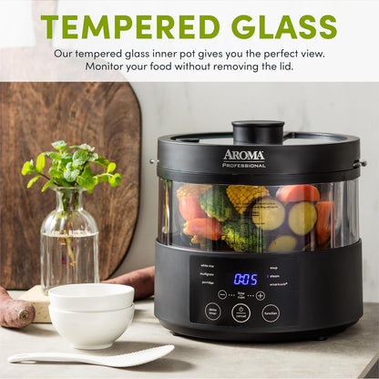 Housewares Professional 8-Cup (Cooked) Smartcarb Multicooker and Flavor-Lock Food Steamer for Low-Carb Rice and Grains, Glass Inner Pot, Black (AMC-800), Transparent Glass, 4 Cup Uncooked Rice5