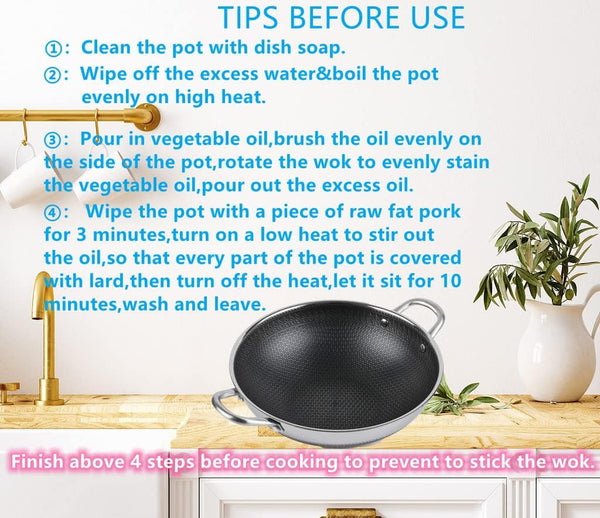 12.5” Wok Pan with Dual Honeycomb Wok Stainless Steel Wok Pan with Nonstick Coating, Frying Pans Cookware, Two Handles,Works with Induction ,Gas, Electric, Ceramic Furnace Stove, without Lid7