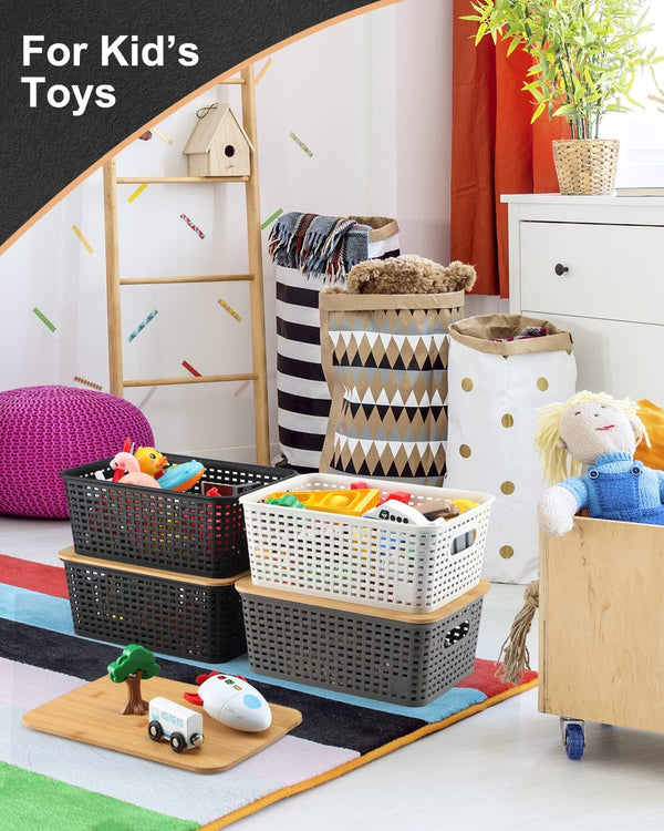 Storage Bins with Bamboo Lids Set of 6 Lidded Storage Container Plastic Baskets Organizer Bins for Organizing Kithen Room Bedroom Office Closet, Sturdy(Black)5