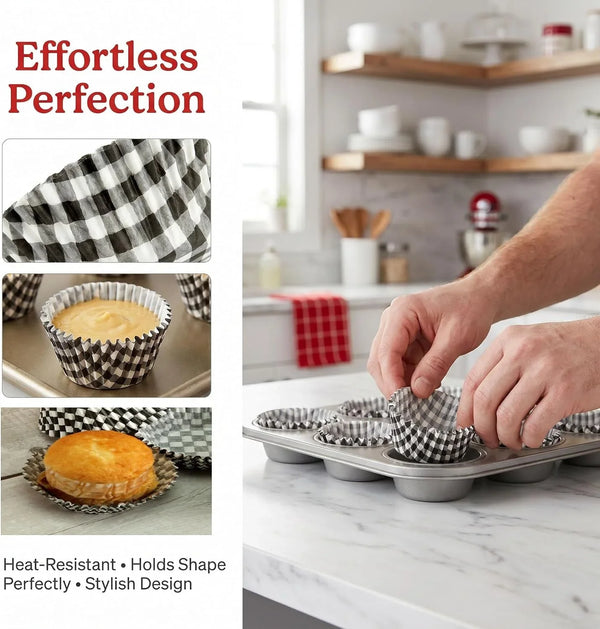 Black Checkered Cupcake Liners,100Pcs Baking Cups for Party Decorations | Heat-Resistant Paper Liners Keep Shape.Checkered Design Suits Birthday Race Car Parties.Stylish for All Ages Baking3