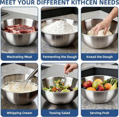 3-Set Stainless Steel Mixing Bowls Set (0.74, 1.26 & 2.2 Qt) | Metal Bowl Sets with Measurement Marks, Dishwasher Safe & Stackable - Perfect for Baking, Salad Making, Meal Prep and Kitchen Use4