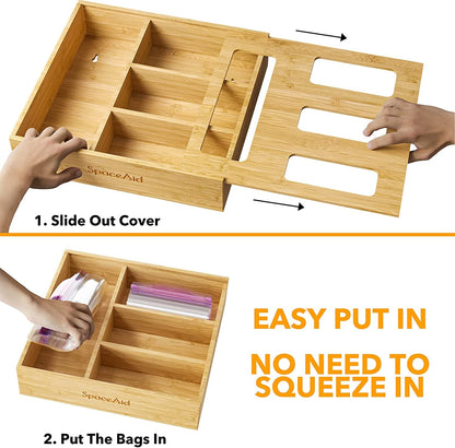 Bag Storage Organizer for Kitchen Drawer, Bamboo Organizer, Compatible with Gallon, Quart, Sandwich and Snack Variety Size Bag (1 Box 4 Slots)4