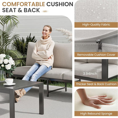 4-Piece Aluminum Outdoor Patio Furniture Sets All-Weather Patio Conversation Set Sectional Sofa with Coffee Table & Cushions with Removable Covers for for Deck Backyard Garden Poolside Balcony Porch3