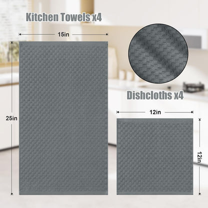 8 Pack 100% Cotton Kitchen Towels and Dishcloths Set, Dark Grey4
