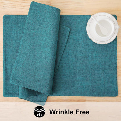 Faux Cotton Linen Placemats Set of 6, Cloth Washable Farmhouse Dining Table Mats for Indoors & Outdoors, Easy to Clean, Teal, 13 X 19 Inch5