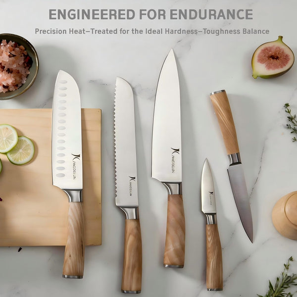 Ultra Sharp 14-Piece Kitchen Knife Set, High Carbon Stainless Steel Blades, Torrefied Natural Wood Handles, Ergonomic Design, Space-Saving White-Finished Wood Block, Easy Hand Wash, Gift Box6