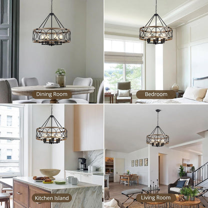 6-Light Farmhouse Chandelier for Dining Room, 21.65'' Black Rustic Industrial Drum Chandeliers Imitation Wood Grain Pendant Light Fixture for Kitchen Island Entryway Foyer Bedroom Hallway,E26 Metal7