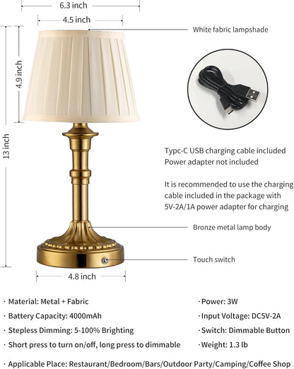 Gold Cordless Table Lamps Set of 2, Beige Fabric Shade Small Desk Lamp5