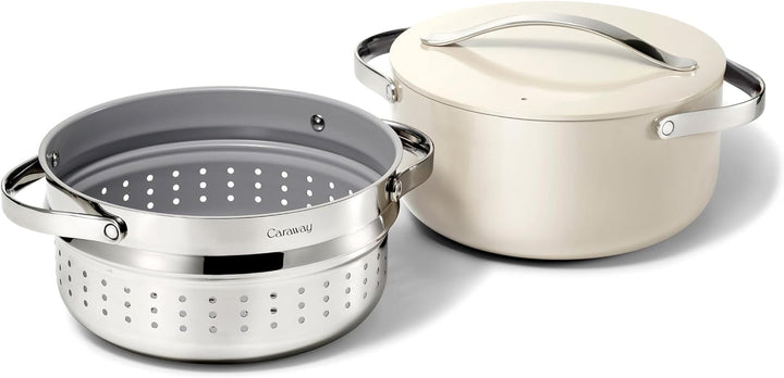 Caraway Non-Stick Ceramic Dutch Oven Pot with Lid & Steamer (6.5 Qt, 10.5") | Non-Toxic, PTFE and PFOA Free, Safe and Compatible with All Stovetops (Gas, Electric and Induction), Cream