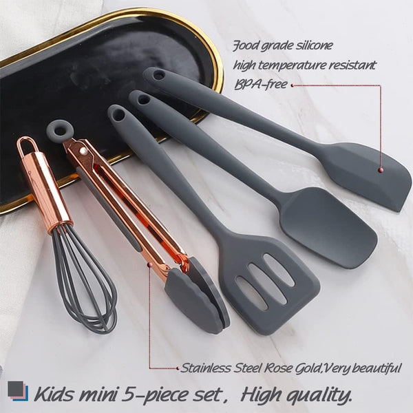 Rose Gold and Grey Mini Kitchen Utensil Small Five-Piece Set Tiny Silicone Kids Kitchen Tools Whisk Spatula Tongs Spoon and Slotted Spatula for Cooking(Kids Baking Supplies) Grey2