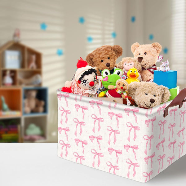 Pink Bow Storage Basket Waterproof Canvas Toy Storage Bin Coquette Room Decor Collapsible Outdoor Basket with Leather Handles Pink Bow Room Decor Blanket Baskets for Closets,Bedrooms,Gifts Baskets4