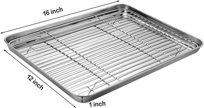 Baking Sheet with Cooling Rack, Baking Mat Set, Set of 6 | Stainless Steel Cookie Pan with Cooling Rack, 2 Sheets + 2 Racks + 2 Mats,Baking Pan, Size 16 X 12 X 1 Inch Easy Clean2