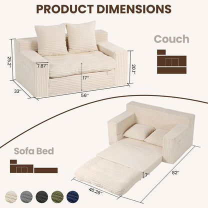 Boneless Couch, 4-In-1 Convertible Sofa Bed, Boneless Loveseat Sleeper, Pull Out Couch with Removable Top Cushion, Pull Handle & Side Pocket, Corduroy Futon for Bedroom, Living Room & Small Spaces3
