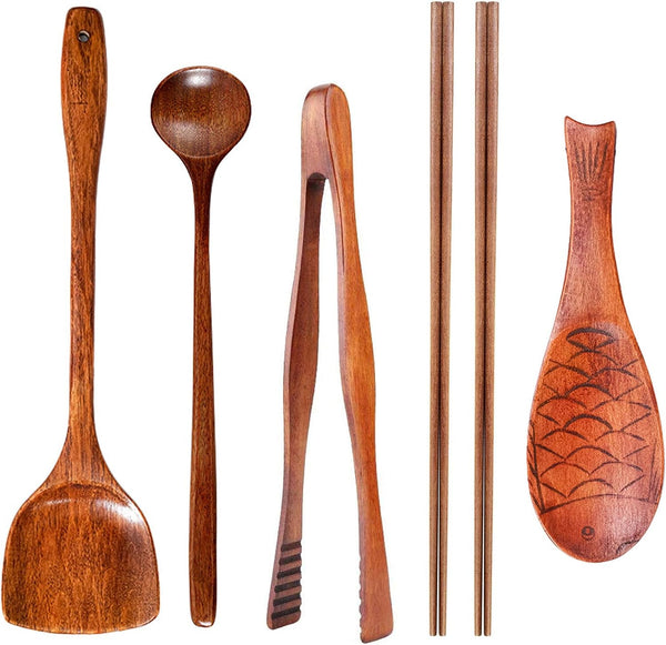 Wok Utensils Wooden Cooking Utensils Tools 6 PCS Wooden Spatula, Barbecue Tongs,Wok Shovel, Cooking Chopsticks,Long Spoons,Nanmu Fish Shaped Rice Spoon Accessories1