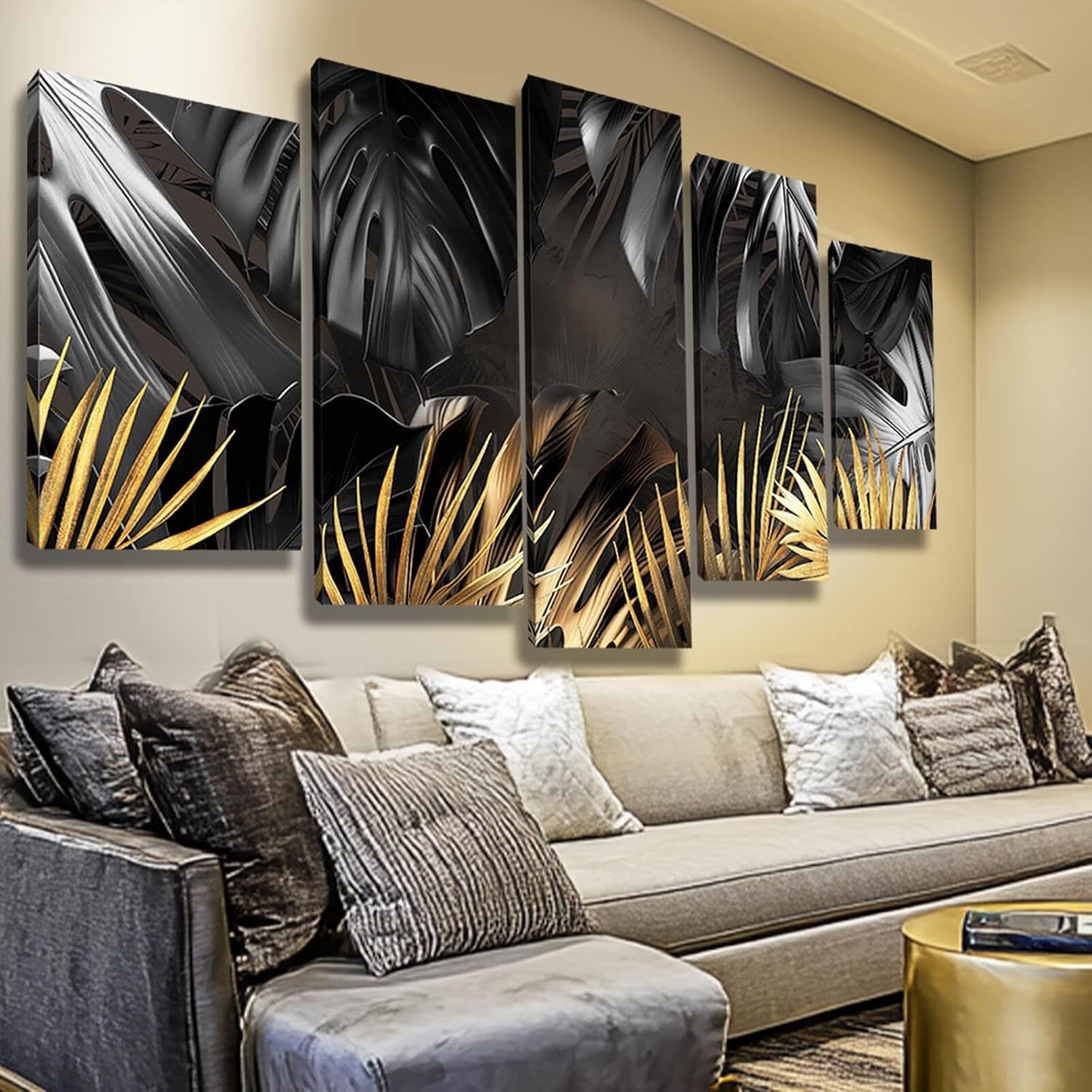 black-and-gold-leaves-painting-wall-decor-for-living-room-nature-canvas-art-modern-artwork-framed-prints-for-home-bedroom-picture-poster-5-pieces-ready-to-hang-12x20x2pcs-12x28x2pcs-12x32