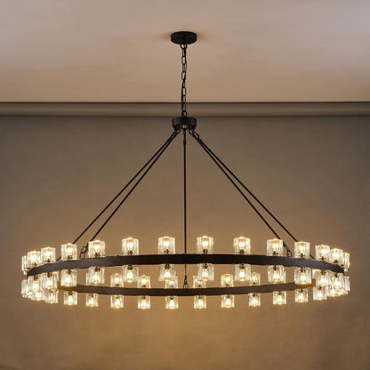 60 Inch Black Wagon Wheel Chandelier with Crystal Shade, 60 Lights, Large round Modern Farmhouse Style, Perfect for High Ceiling, Dining Room, Kitchen, Entryways, Foyer1