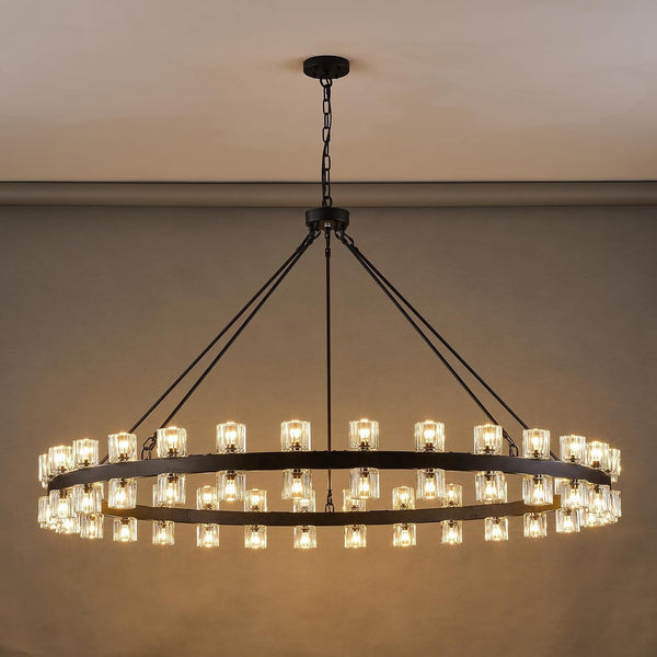 60 Inch Black Wagon Wheel Chandelier with Crystal Shade, 60 Lights, Large round Modern Farmhouse Style, Perfect for High Ceiling, Dining Room, Kitchen, Entryways, Foyer1