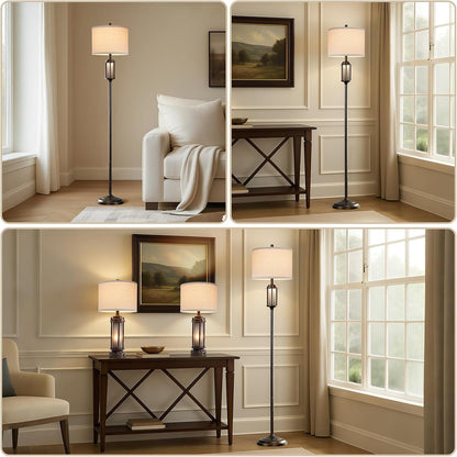 New - Same Matching Floor Lamp - 65'' Floor Lamp + 25'' Table Lamp, Farmhouse Nightstand Lamp with Frosted Glass Nightlight Linen Fabric Shade for Living Room, Bedroom, Entryway Office, Bulb Included3